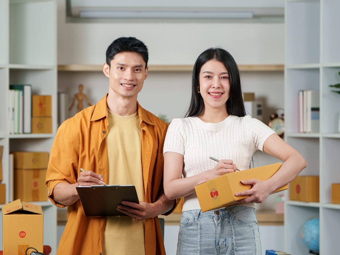 Dua pemilik toko online di ruang stok